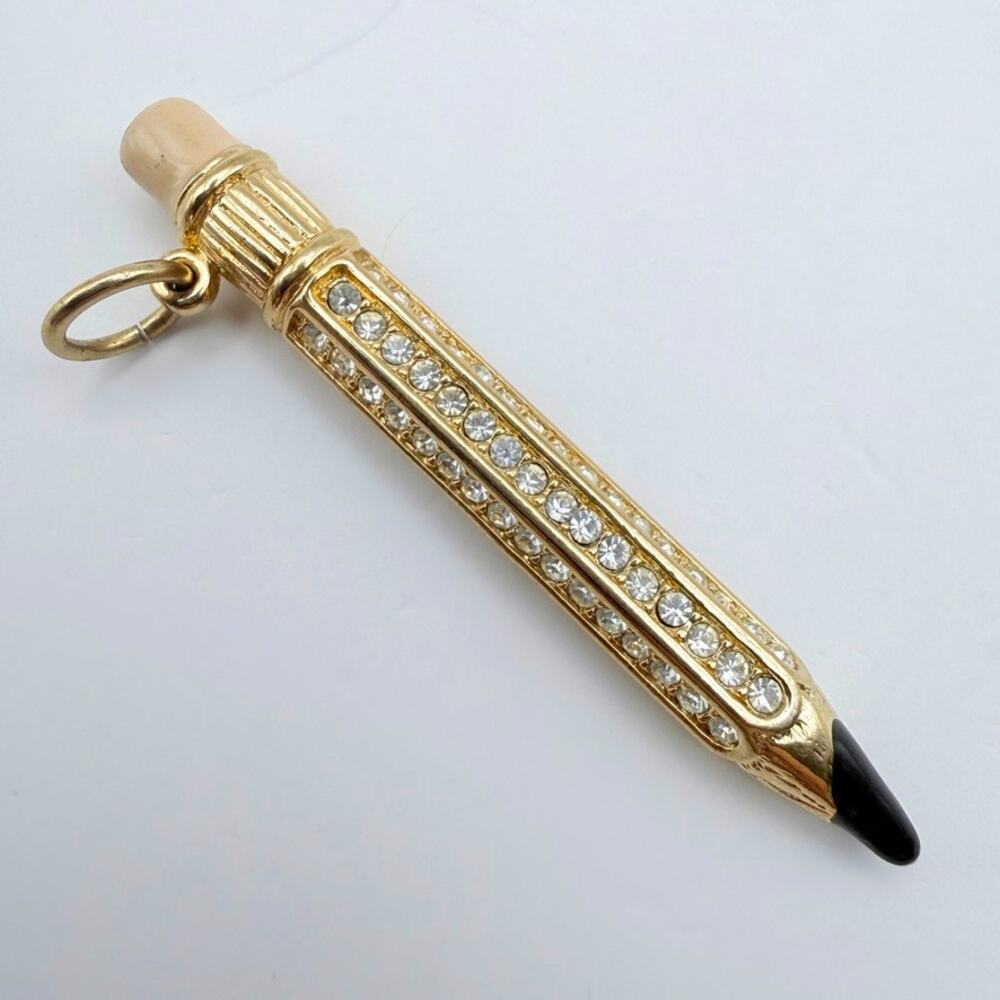 Vintage Swarovski Crystal Pencil Pendant Teacher Gift Gold Tone